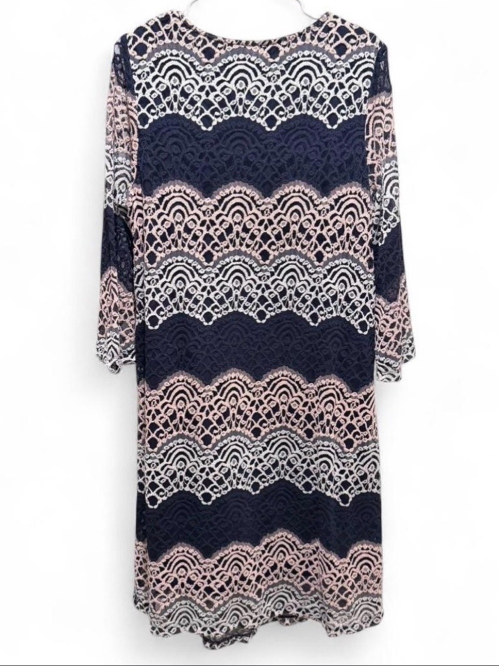 Tacera Navy, Light Pink & White Lace-Pattern Midi Dress - Picture 6 of 6